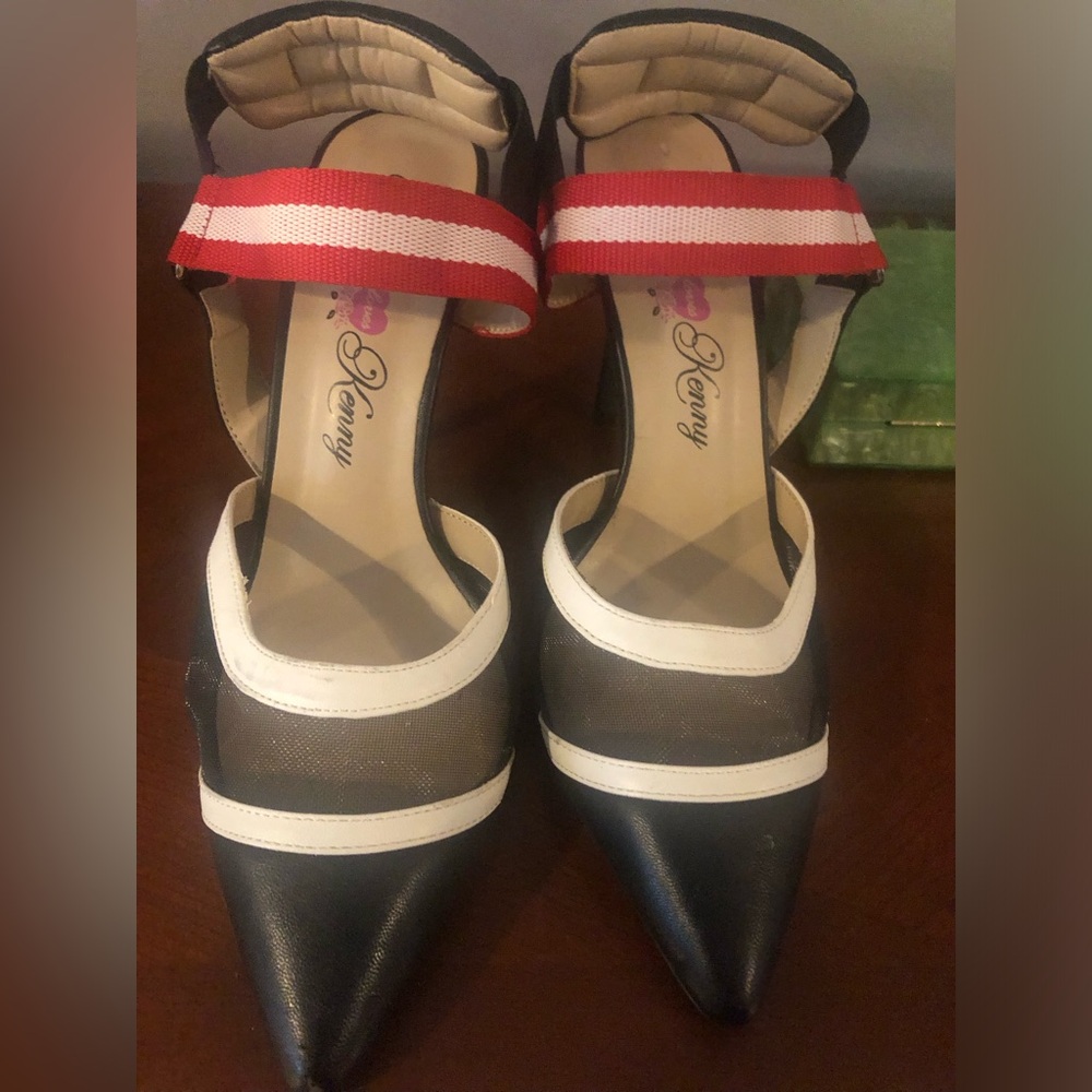 Penny Loves Kenny Black and White Pointed Toe Heels with Red Striped Ankle Strap - Picture 5 of 8